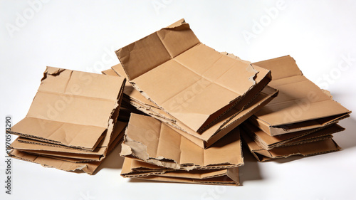 Stack of flattened brown corrugated cardboard boxes isolated on white. Recyclable packaging material for moving or shipping.