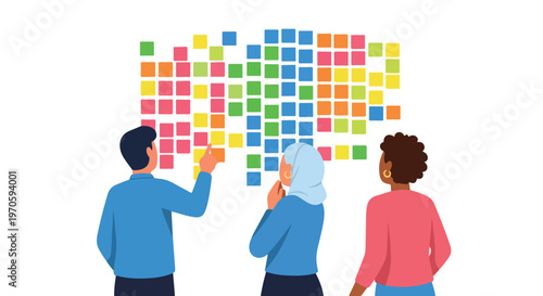 Diverse professionals collaborate and organize ideas on a wall filled with colorful sticky notes, symbolizing creative brainstorming and teamwork.