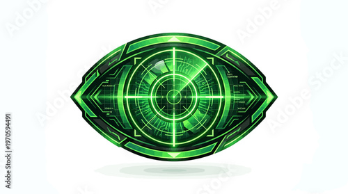 Futuristic digital eye graphic with crosshairs and glowing green circuit board pattern, representing surveillance and advanced technology