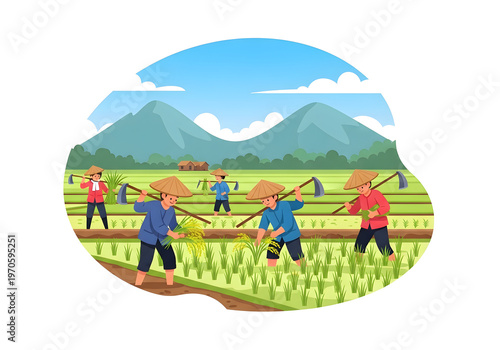 Traditional Asian farmers cultivating rice in vibrant green paddy fields under a clear blue sky, depicting agricultural work and rural lifestyle
