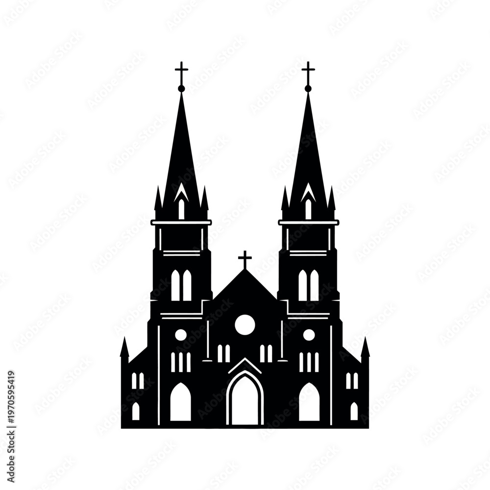 Fototapeta premium Black and white silhouette of a grand church building.