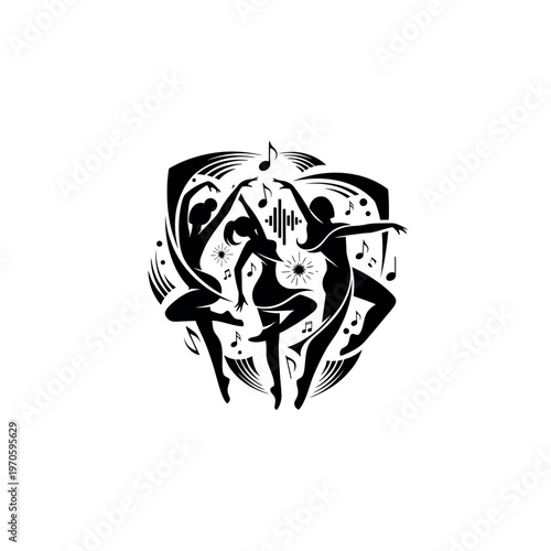 Dynamic Dance Performance with Musical Notes and Abstract Elements.