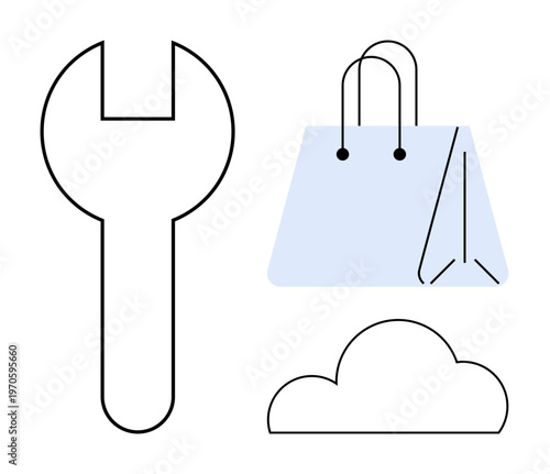Ecommerce, digital tools, cloud storage, service repair, online shopping, technology concepts. Minimalist design shopping bag, wrench and cloud. Ecommerce and cloud storage theme