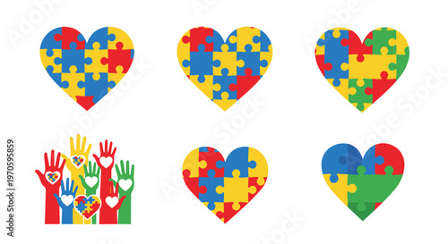 Colorful puzzle heart vector set for autism awareness with bright interlocking pieces symbolizing inclusion