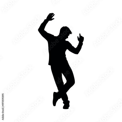 Silhouette of a man dancing with arms raised and one leg crossed.