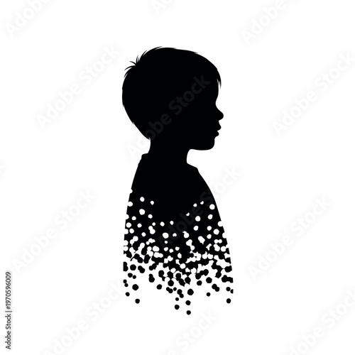 Silhouette of a young boy with dissolving particles.