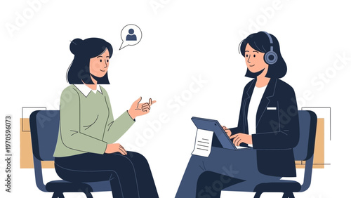 Job Interview: Woman Applicant Talking, Recruiter Listening with Headphones and Tablet