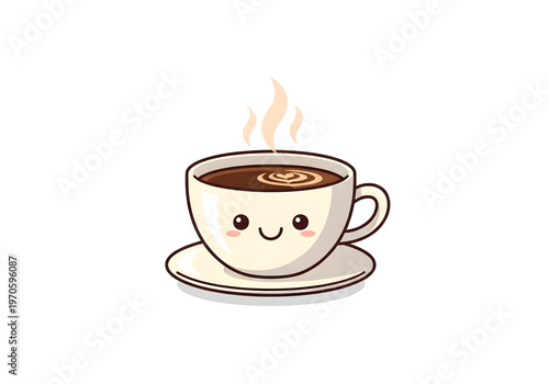 An adorable illustration of a steaming hot coffee cup with a friendly smiling face, radiating warmth and comfort, ideal for cheerful designs and conveying a happy start