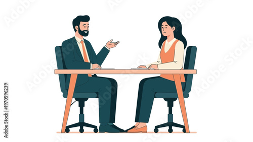 Business meeting: man and woman discuss at office desk, interview, collaboration