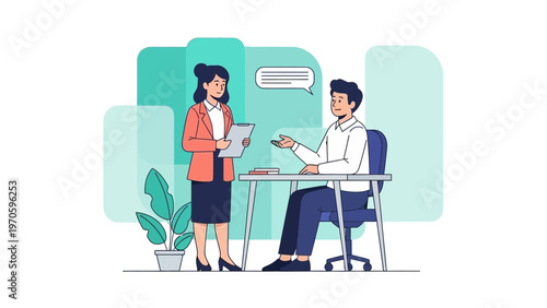 Business meeting: woman interviewer and man candidate discussing job interview