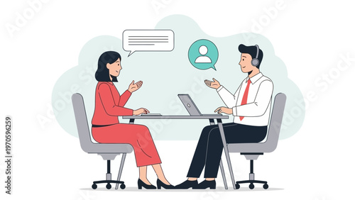 Business meeting illustration: two people in a professional discussion with laptops and speech bubbles.