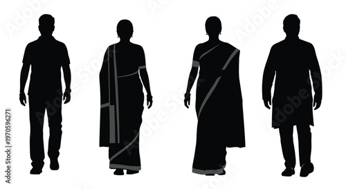 Black silhouettes of diverse Indian men and women in traditional and modern clothing standing.