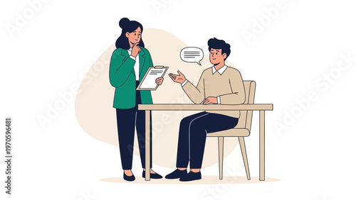 Business meeting: Woman with clipboard interviews man sitting at desk, conversation