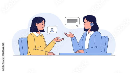 Two women talking in a business meeting, illustration of communication and collaboration