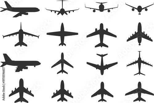 Airplane silhouettes collection, commercial passenger aircraft top and front views set, aviation transport vector illustration isolated