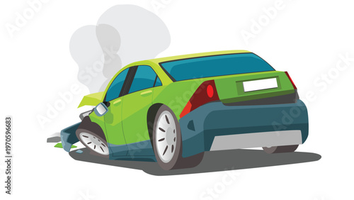 Sedan car green color broken or damaged. ehicle was involved in a severe front end collision. Front wheel is bent and front bumper is shattered. Smoke is billowing from the engine compartment.