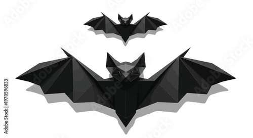 Geometric black origami bats creating a unique artistic decoration for halloween or minimalist design concepts.