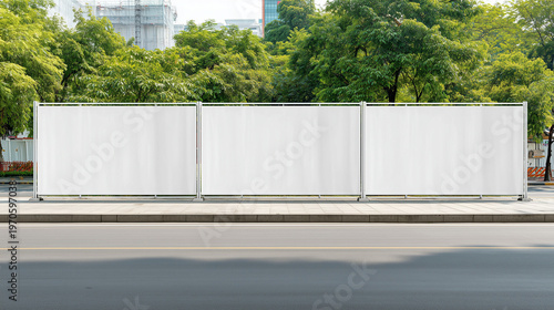 Set of blank white banner mockups on temporary construction site fence