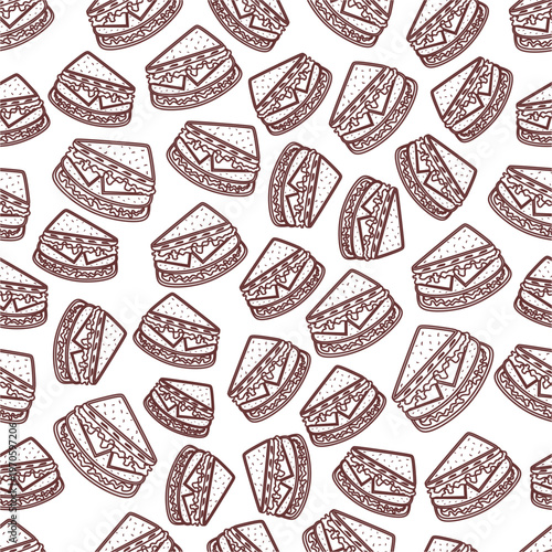 Sandwich sketch seamless pattern. Sandwich doodle pattern background. Seamless sandwich outline pattern background. Hand drawn vector seamless pattern of sandwiches.