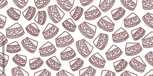 Sandwich sketch seamless pattern. Sandwich doodle pattern background. Seamless sandwich outline pattern background. Hand drawn vector seamless pattern of sandwiches.