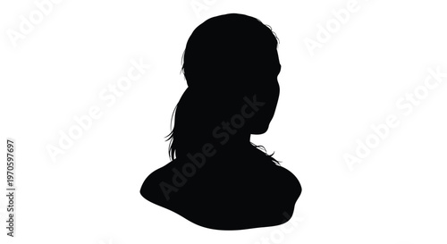 Black silhouette of a person's head and shoulders in profile isolated on a white background.