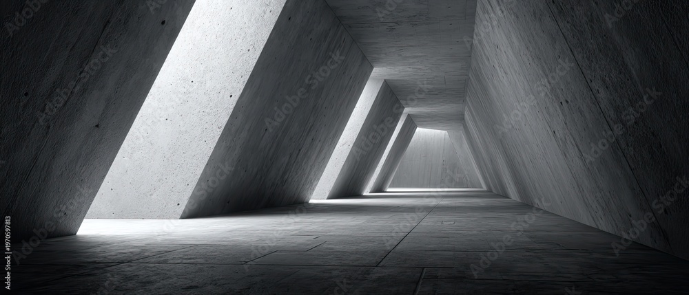 Obraz premium Monochrome minimalist concrete tunnel with slanted textured walls and angular openings, dramatic natural light shadows, black-white contrast emphasizing geometric depth.