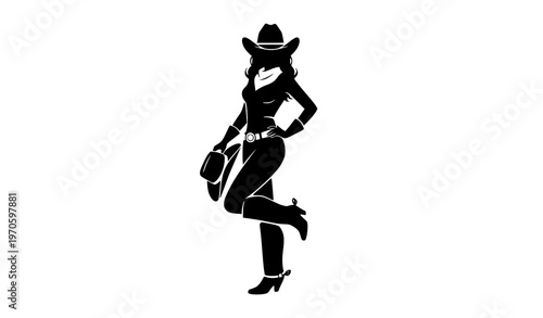 Stylish cowgirl silhouette posing with hat isolated on white background western fashion female vector illustration