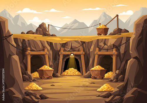 A vibrant cartoon illustration of a gold mine entrance, overflowing with riches, showcasing the allure of underground treasure and valuable mineral extraction