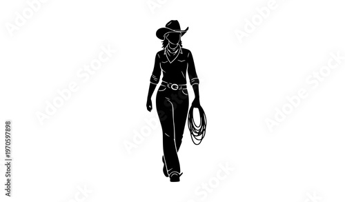Walking cowgirl silhouette with lasso rope isolated on white background western lifestyle female vector