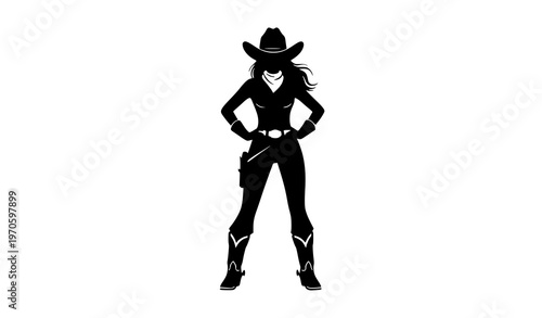 Confident cowgirl silhouette with cowboy hat hands on hips isolated on white background western female vector