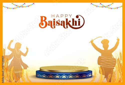 Happy Baisakhi logo. Promotional banner background with podium and wheat field.