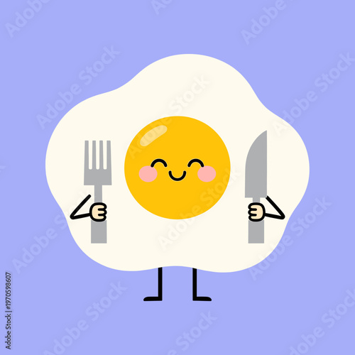 Happy cartoon fried egg character holding fork and knife, friendly breakfast mascot with smiling face isolated on blue background vector design