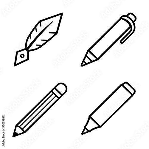 Professional writing and drawing tools line art icons set including fountain pen ballpoint pencil and marker for office and creative design work