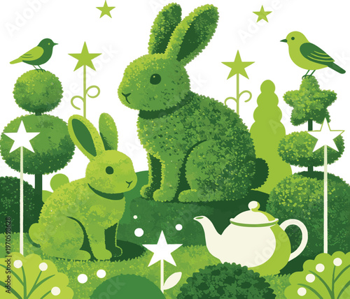 Created on A garden filled with whimsical green topiaries shaped like animals and objects vector art on white background