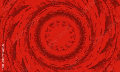 Intense red background featuring a swirling kaleidoscopic sunburst pattern with deep radial energy.