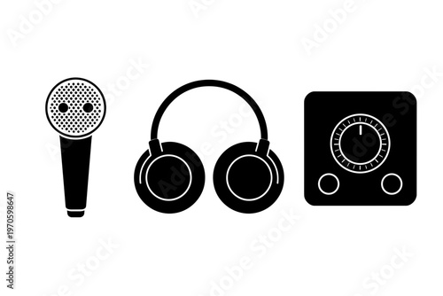 Audio Recording and Music Production Equipment Icons with Microphone, Headphones and Mixing Console Dial, Podcast and Sound Engineering Vector Illustrations