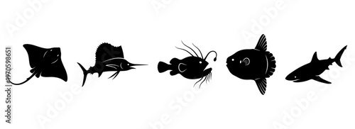 Black Sea Creatures Silhouette Set with Stingray, Sailfish, Anglerfish, Sunfish and Shark, Underwater Ocean Life and Marine Fish Species Vector Icons Isolated