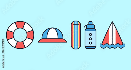 Summer Beach Vacation and Water Sports Equipment Set, Lifebuoy Sun Hat Surfboard Water Bottle and Sailboat Icons for Holiday Travel and Leisure Activity