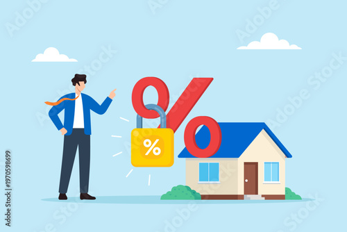 Flat illustration of real estate owner pointing at fixed percentage sign with locked interest rate symbolizing stable mortgage cost financial security and long term property investment