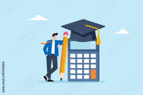 Flat illustration of businessman leaning on giant pencil beside calculator wearing graduation cap symbolizing financial education budgeting skill academic learning and personal finance knowledge