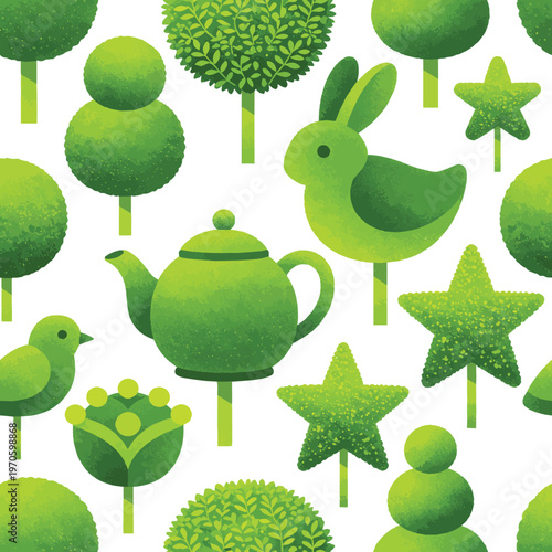 Created on A garden filled with whimsical green topiaries shaped like animals and objects vector art on white background