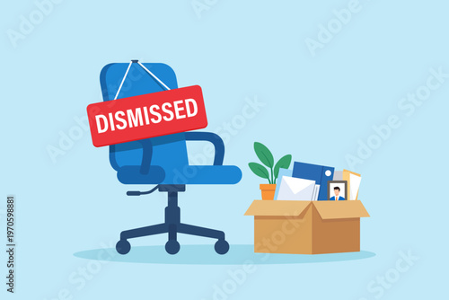 Flat illustration of dismissed office chair with personal belongings box symbolizing job loss layoff unemployment career setback and workplace downsizing