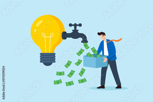Flat illustration of businessman collecting flowing money in box from faucet light bulb symbolizing idea monetization passive income financial opportunity wealth creation and profit generation