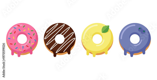 Variety of Glazed Donuts with Different Toppings Set, Including Strawberry, Chocolate, Lemon and Blueberry Flavors Isolated on White