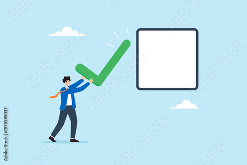 Flat illustration of businessman carrying giant checkmark toward blank checkbox symbolizing task completion productivity achievement goal setting project management and progress tracking