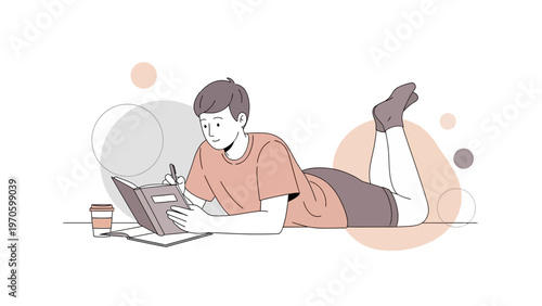 Young man lying down writing in notebook, coffee cup, minimalist illustration