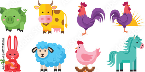 Farm Animal Characters Set Featuring Pig, Cow, Rooster, Rabbit, Sheep, Chicken, and Horse for Kids' Illustrations