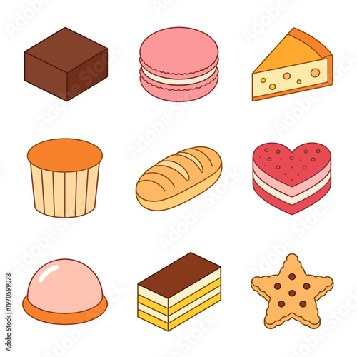 Assorted Bakery Desserts and Pastry Set, Featuring Brownie, Macaron, Cheesecake, Muffin, Bread, Cookie and Cake Slices Isolated on White