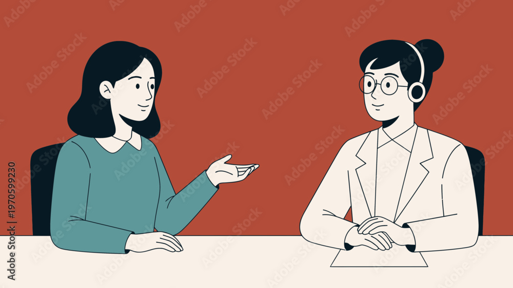 Obraz premium Two women in a meeting, one talking and gesturing, the other listening attentively