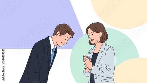 Business people greeting with respect, bowing and prayer hands gesture